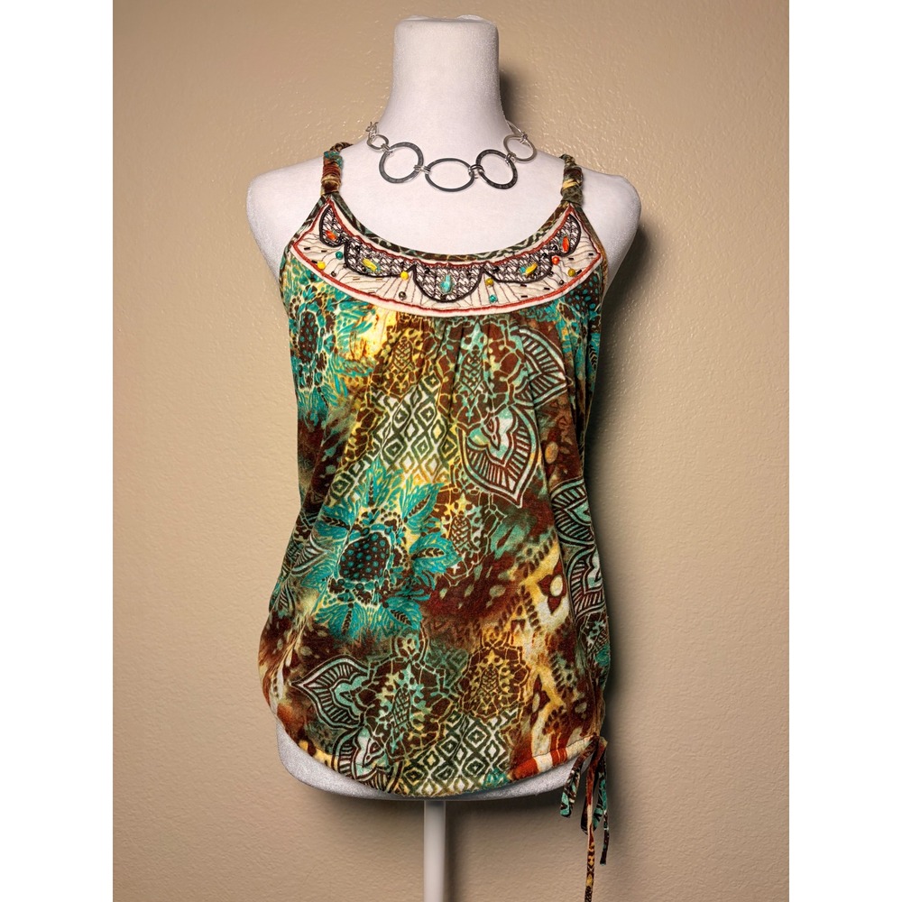 Y2K Boho Embellished Beaded Paisley Tank Top Teal Brown T-Back #9